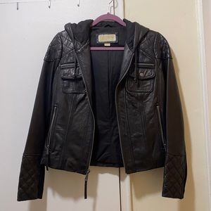 Brand New Michael Kors Hooded Leather Motorcycle Jacket, Size Medium